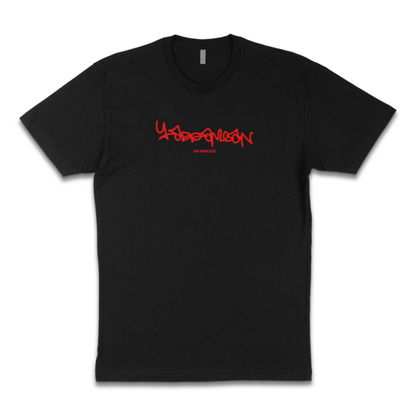 Black shirt with red hot sale writing